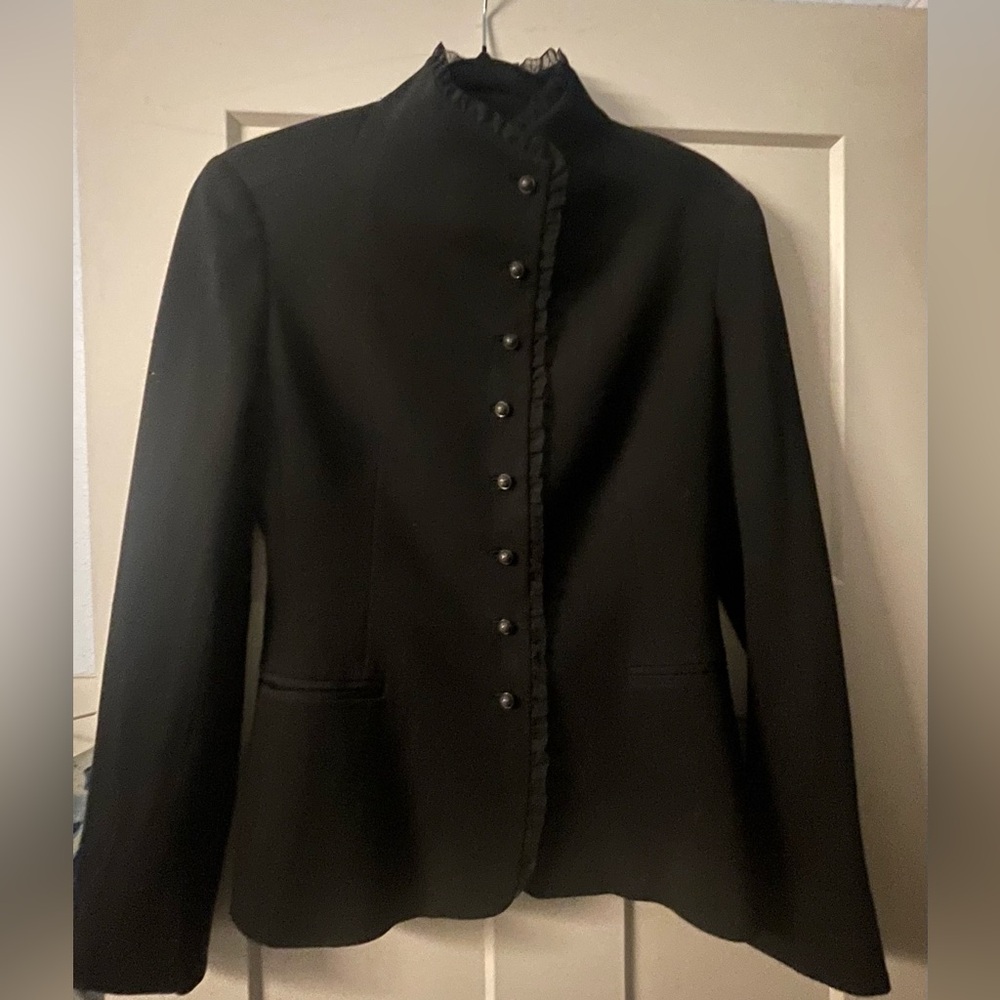 Elie Tahari Black Button-Up Blazer with ruffle detail